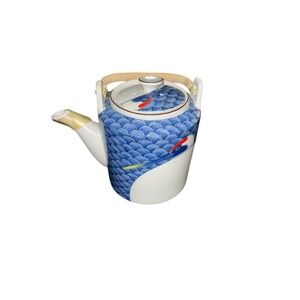 Japanese Ceramic Teapot Blue Wave Design Bamboo Handle